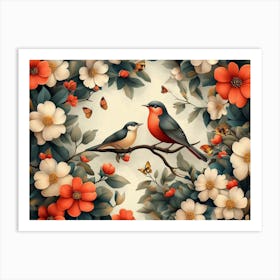 Nature's Tapestry, Birds And Flowers Art Print