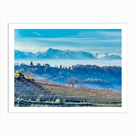 Langhe Rolling Vineyards in Early Spring. Langhe, Italy. An aerial view of beautifully contoured vineyards, showcasing rows of neatly planted vines stretching across rolling hills. The alternating shades of green and earthy tones create a mesmerizing pattern, highlighting the precision and artistry of vineyard cultivation. This serene landscape captures the essence of rural life in a wine-producing region. Art Print