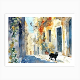 Black Cat In Catania, Italy, Street Art Watercolour Painting 4 Art Print