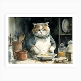 Watercolor Cat Baking In The Kitchen Art Print