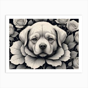 Black And White Portrait Of A Labrador Puppy Peeking Out From A Bed Of Roses Art Print