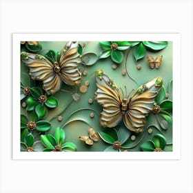 Butterflies On Green Leaves Art Print