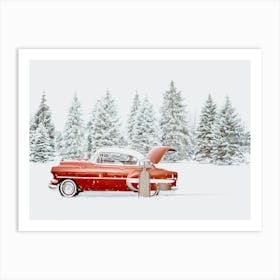 Retro Car In The Snow, Christmas Wall Art Art Print