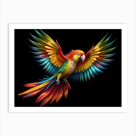 Colorful Macaw With Spread Wings On Black Background Art Print