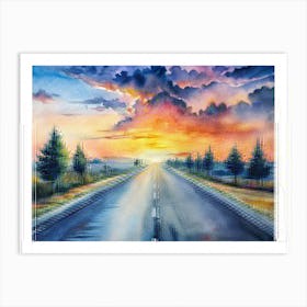 A Minimalist Roadscape With Vibrant Sunset Reflec Art Print