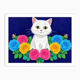 White Cat With Roses Art Print