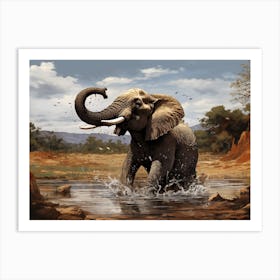 African Elephant In Water Realism4 Art Print