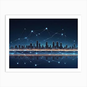 An Abstract Image Of A City Skyline With A Network Of Glowing Lines Connecting The Buildings, Resembling A Digital Network Or A Futuristic City Art Print