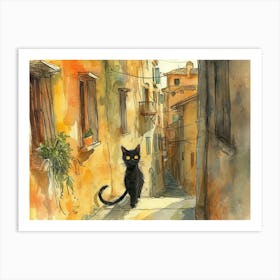 Black Cat In Foggia, Italy, Street Art Watercolour Painting 1 Art Print
