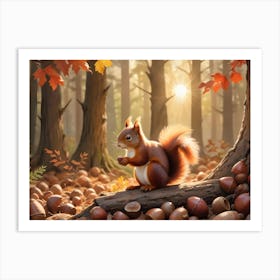 Red Squirrel Sitting On A Log Surrounded By Acorns In A Forest 1 Art Print