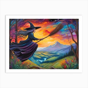 Witch Flying With Broom Art Print