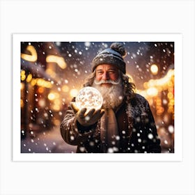 A Snowy Holiday Evening Time Scene Featuring A Man Holding A Luminous Orb That Glimmers With Encapsu 2 1 Art Print