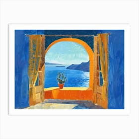 Santorini From The Window View Painting 1 Art Print