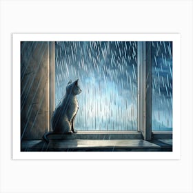 Cat Sitting On A Windowsill Watching The Rain Art Print