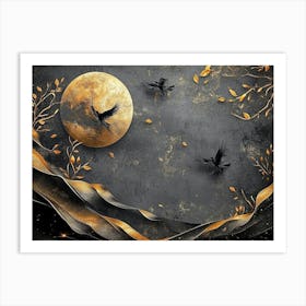 Elegant 3d Design Featuring Dark Gray Background with Golden and Black Feathers with Moon and Birds Art Print