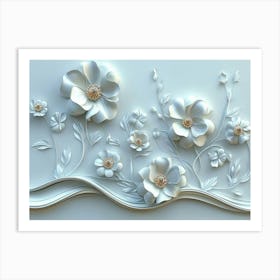 3d White Background With Golden Jewelry And Flower 1 Art Print