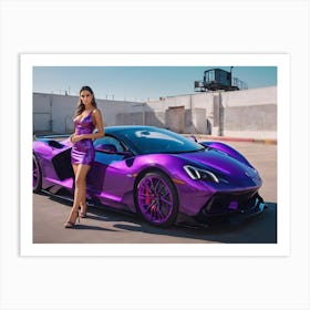Purple girl with purple car Art Print
