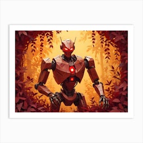 A Powerful Red Robot With Glowing Eyes Stands In A Circular Opening Of A Dense Forest With Vibrant Red Foliage Art Print