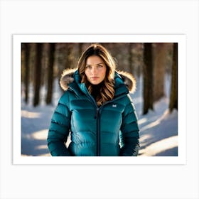 Woman in down jacket in a snowy forest 1 Art Print