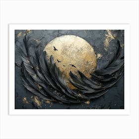 3d Features a Dark Gray Background, Golden and Black Feathers Moon Art Print