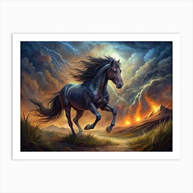 Black Horse Running Through A Stormy Landscape Art Print