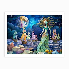 Mermaid With Ships And A Full Moon In A Geometric Sea Art Print