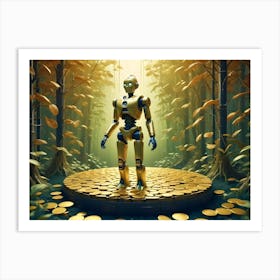 A Gold Robot Stands Atop A Circular Platform Made Of Gold Coins Within A Golden Forest Art Print