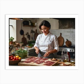 Candid Shot Of A Sophisticated Female Chef Just Slicing Up The Buttery Raw Bacon For A Tasting Ital (5) Art Print