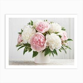 A Bouquet Of Pastel Pink And Pristine White Peonies With Hints Of Red Arranged Densely In A Natural (6) Art Print