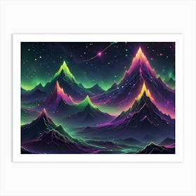 A Range Of Vibrant, Glowing Mountains In Shades Of Purple, Green, And Yellow Against A Dark, Starry Sky Art Print