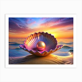 Pearl In A Shell On The Beach At Sunset Art Print