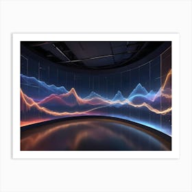 A Dark Room With A Curved Screen Displaying A Colorful, Abstract Image Of A Mountain Range With Lines Of Light Art Print