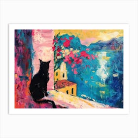 Cat On A Window Matisse Style Colourful Pink Flowers Art Print