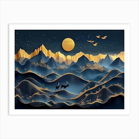 3d Modern Night Landscape with Dark Blue Background Art Print