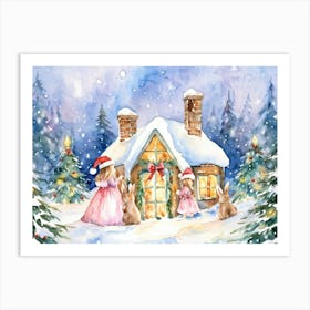 Watercolor Painting Of Christmas Bunnies Adorned Santa Hats Nestled Between Snow Dusted Evergreens 1 Art Print