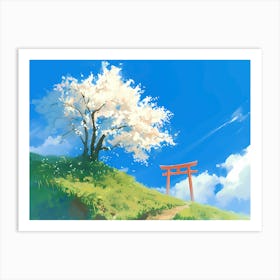 Cherry Blossom Tree And Torri Gate On Top Of The Mountain Art Print
