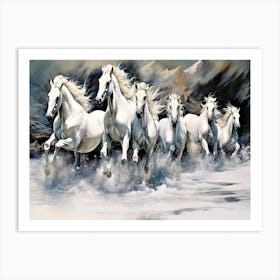 Stampede Stallions - White Horses Running In The Snow Art Print