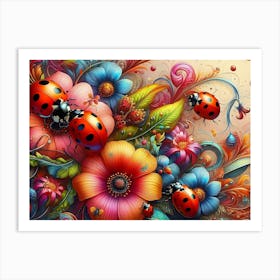 Ladybugs And Flowers Art Print