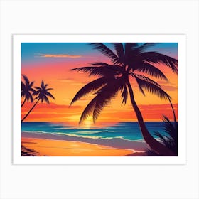 A Tranquil Beach At Sunset Horizontal Illustration 20 Art Print