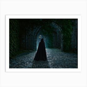 Gothic Woman Cloaked In Shadows Approaches A Sinister Medieval Castle Sunlight Piercing Through I Art Print