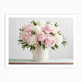 A Bouquet Of Pastel Pink And Pristine White Peonies With Hints Of Red Arranged Densely In A Natural (2) Art Print