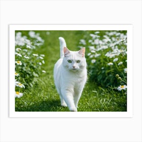 White Cat Amongst The Daisies Art Print