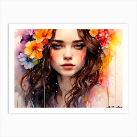 Beauty with Bouquet Flowers - Water Color Wash Painting Art Print