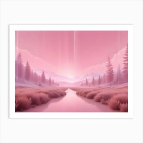 A Digital Painting Of A Peaceful, Dreamy Landscape With A River Flowing Through A Field Of Pink Grass Art Print