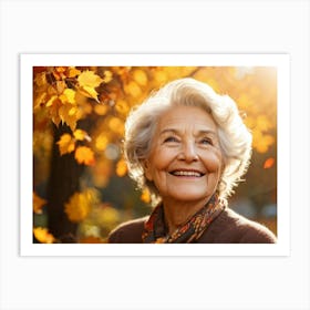 Elderly Woman Radiating Joy Amidst Crisp Autumn Leaves Close Up Orange Yellow Foliage Surrounding Art Print