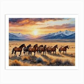 Horses At Sunset Wild Mountains Art Print