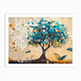 Turquoise Tree And White Lattice On Oak, With Multicolored Hexagons And Feather Accents 2 Art Print