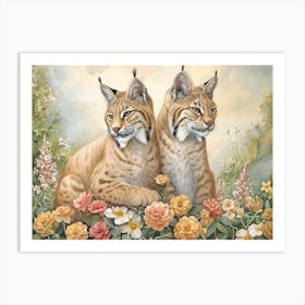 Floral Animal Illustration Bobcat 1 Art Print