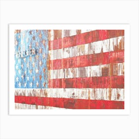 New York, USA I American flag wall in rusted metal for US street art culture photography in Brooklyn and arty Williamsburg shelter with minimalist geometric lines and blue white red stars of the United States Art Print