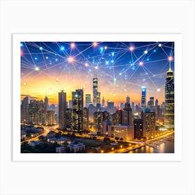 Aerial View Of A City Skyline At Sunset, With A Network Of Glowing Lines Connecting Buildings And Forming A Pattern Across The Sky Art Print